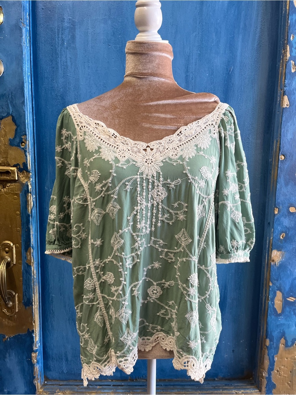 Democracy Sage Green Embroidered Lace-Trim Tunic